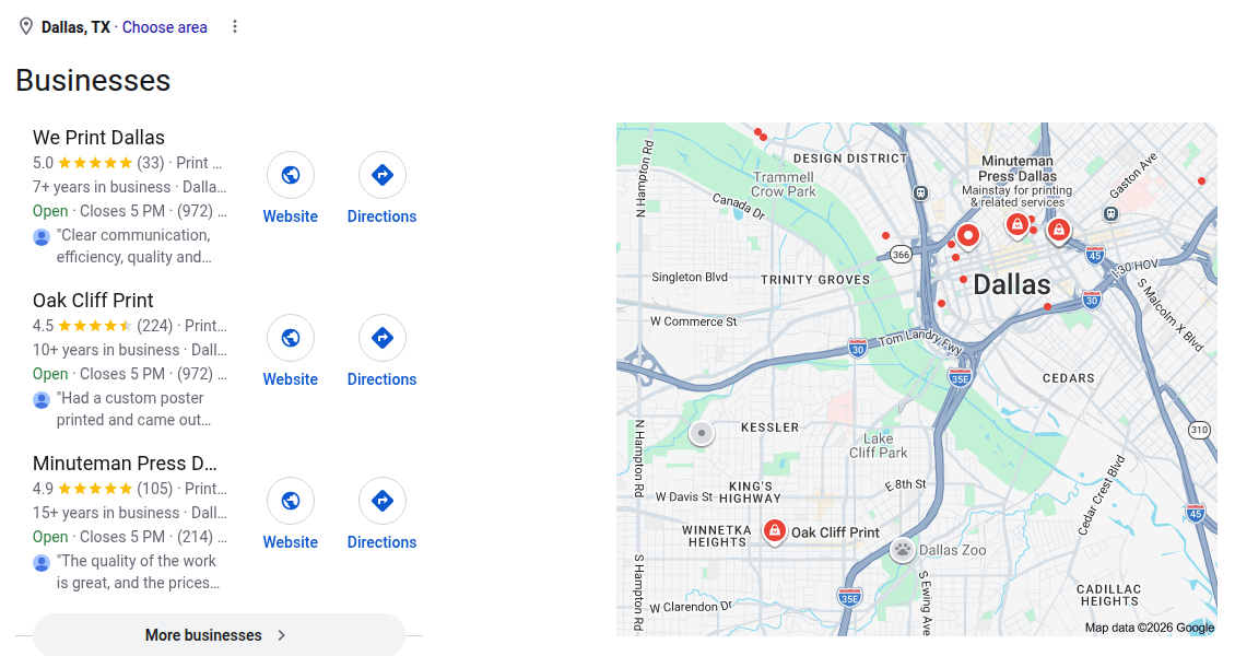 Google results for print shop searched from Dallas. The local box shows We Print Dallas, Oak Cliff Print and Minuteman Press Dallas. AlphaGraphics does not appear.